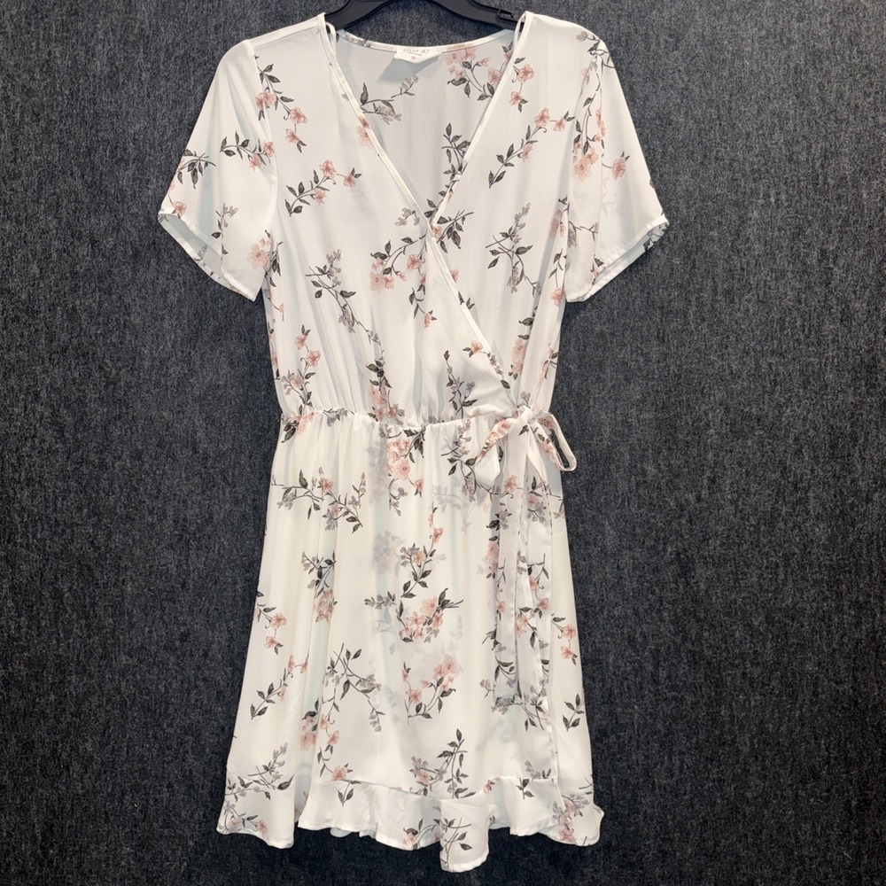 Sienna Sky Womens Floral Wrap Dress White Pink Tie Waist Short Sleeve Size M